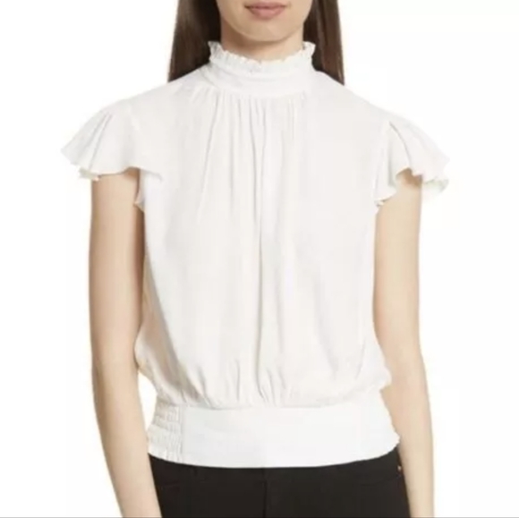Frame Mock Neck Ruffle Sleeves White Blouse Button Back Ivory Size Small S - Picture 10 of 10
